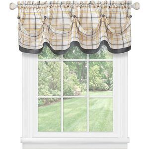 Window Curtain Valance, Double Layer Plaid Gingham Design, Button Tab Top Window